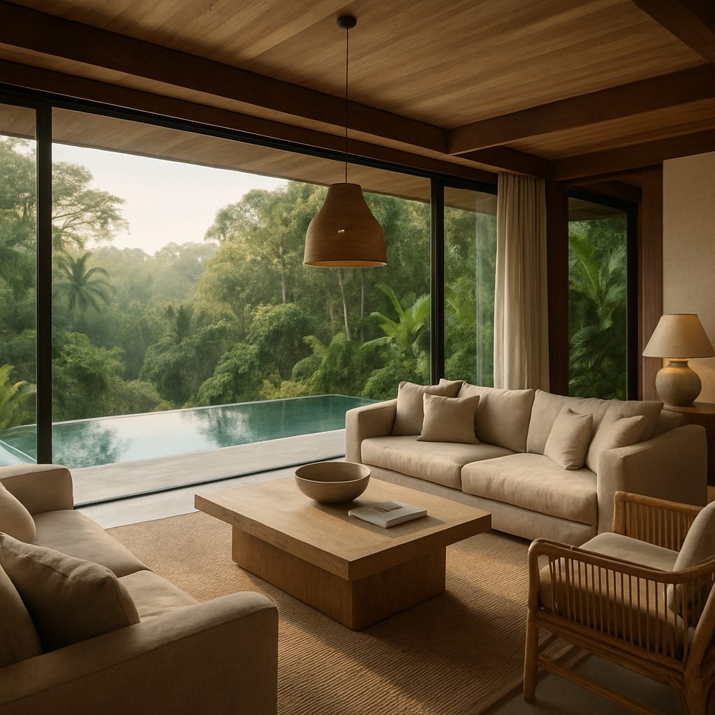 Open-air living room of a luxury Bali villa with jungle and pool views